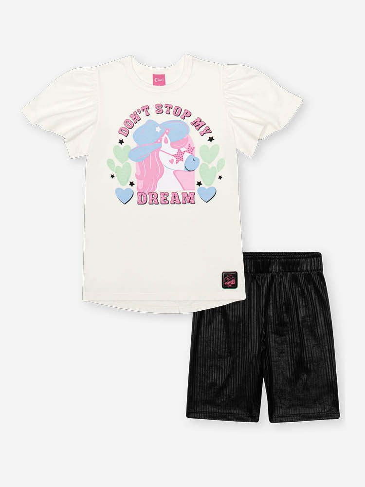 Conjunto Infantil com Blusa Alongada de Unicórnio e Ciclista em Canelado – Look Menina Verão com Str NATURAL/PRETO