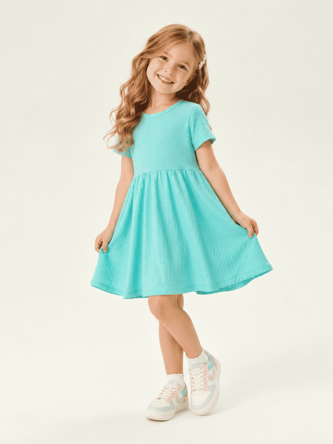 Vestido Infantil Canelado Evasê Manga Curta Menta Vestido Infantil Canelado Evasê Manga Curta Menta