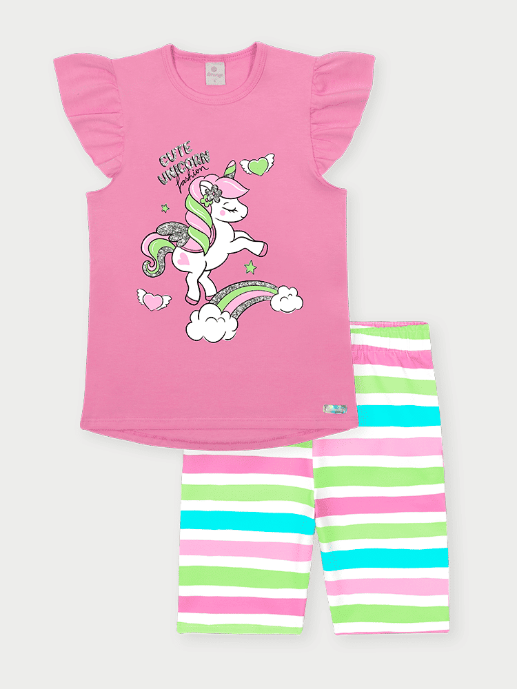Conjunto Infantil Menina Unicórnio Listrado Rosa Abrange