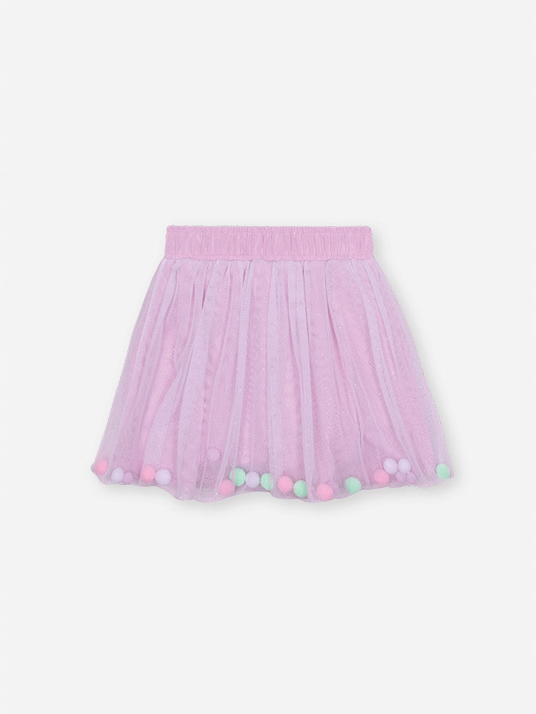 Saia-Shorts Infantil Cinti em Meia Malha com Tule Glitter e Pompons LILAS CINTI