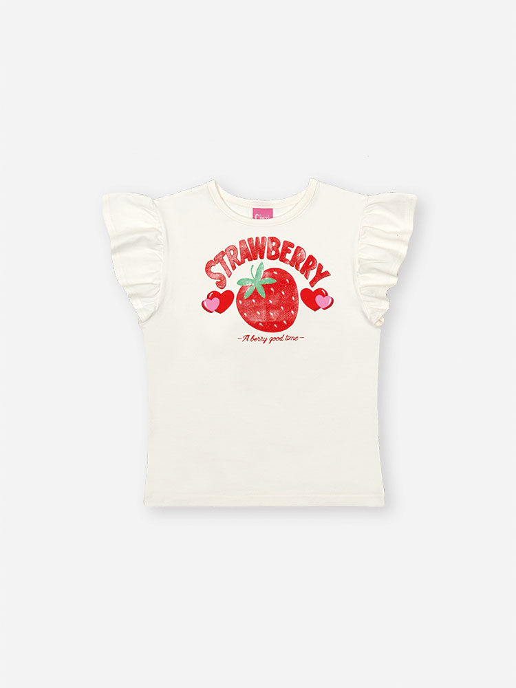 Conjunto Infantil com Blusa em Cotton e Saia Shorts com Tule Foil – Look Menina Verão com Morango e NATURAL/VM MARTE