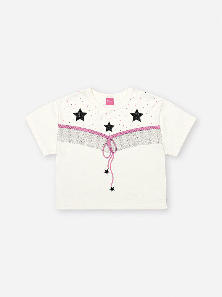 Conjunto Infantil com Blusa Boxy Boiadeira e Shorts em Malha Glow – Look Menina Verão com Glitter NATURAL/PRETO