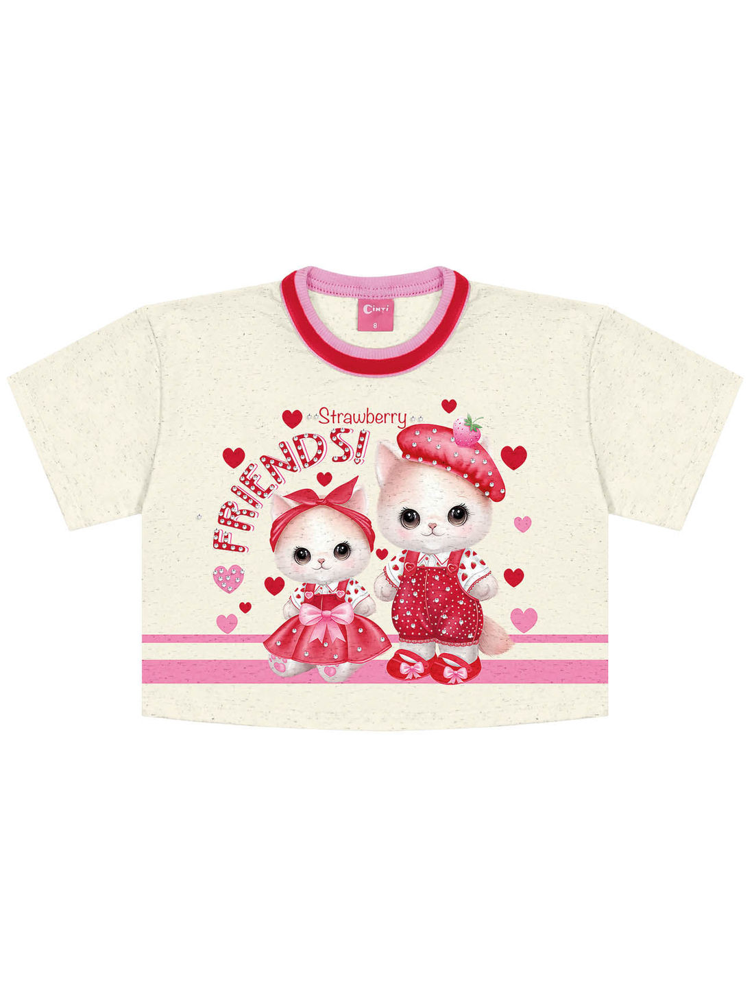 Conjunto Infantil Menina Blusa Gatinha; Short-Saia E Bolsa Strawberry Off White E Rosa Cinti