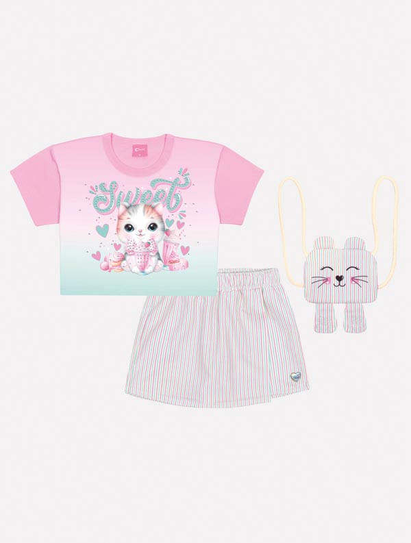 CONJ BLUSA,SHORTS/SAIA E BOLSA ROSA/VERDE/VERDE