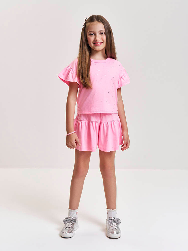 Conjunto Infantil Neon Love com Blusa e Shorts em Meia Malha P.A com Glitter – Look Menina Verão ROSA BARBIE