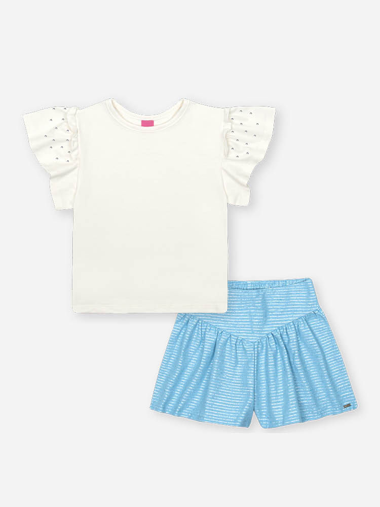 Conjunto Infantil com Blusa em Cotton e Shorts em Sarja Glow – Look Menina Verão com Strass NATURAL/AZ PORCELANA