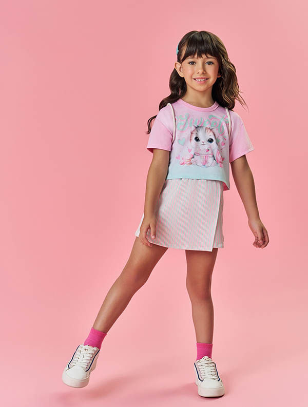 CONJ BLUSA,SHORTS/SAIA E BOLSA ROSA/VERDE/VERDE