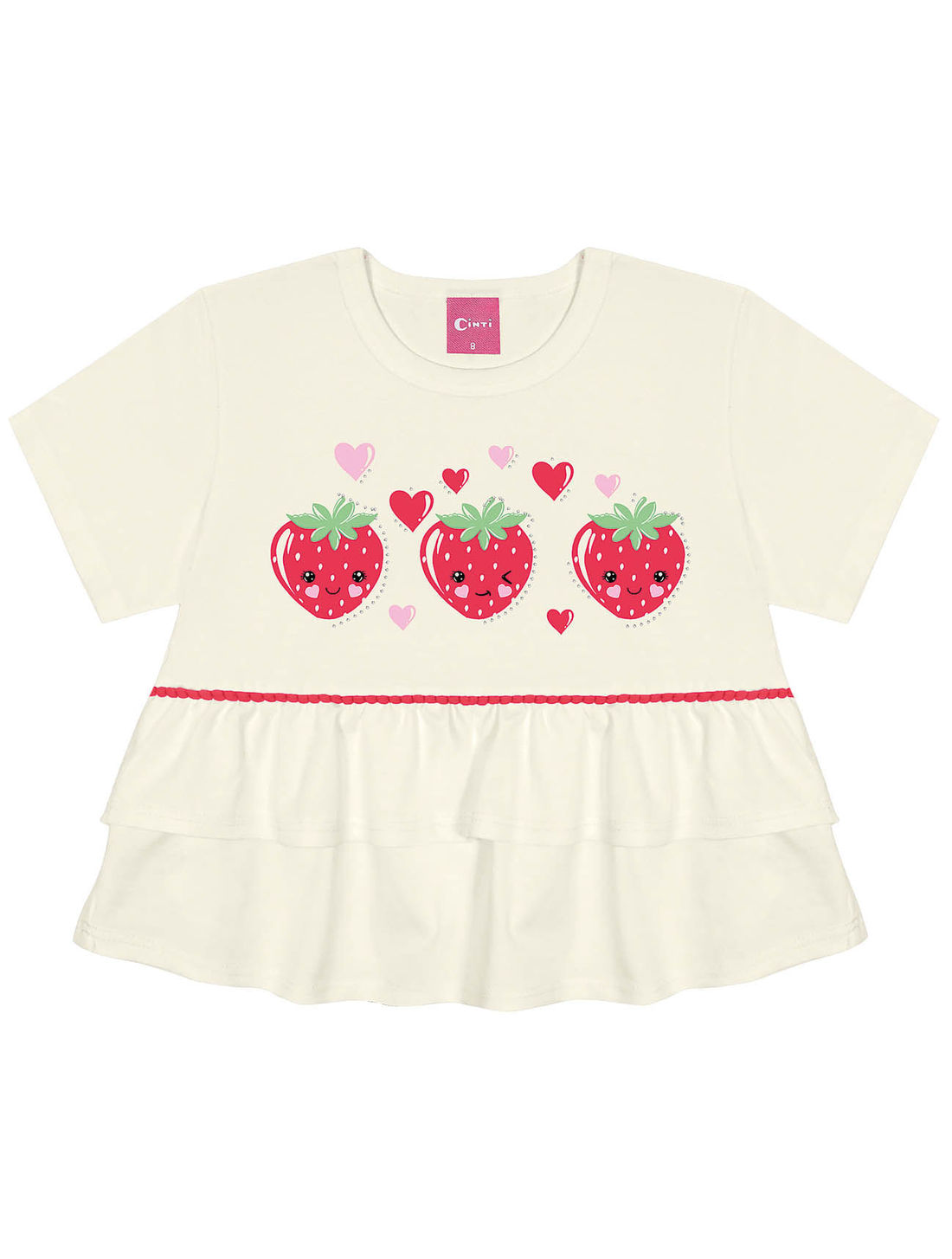 Conjunto Infantil Menina Blusa E Short Strawberry Natural E Vermelho Cinti Conjunto Infantil Menina Blusa E Short Strawberry Natural E Vermelho Cinti