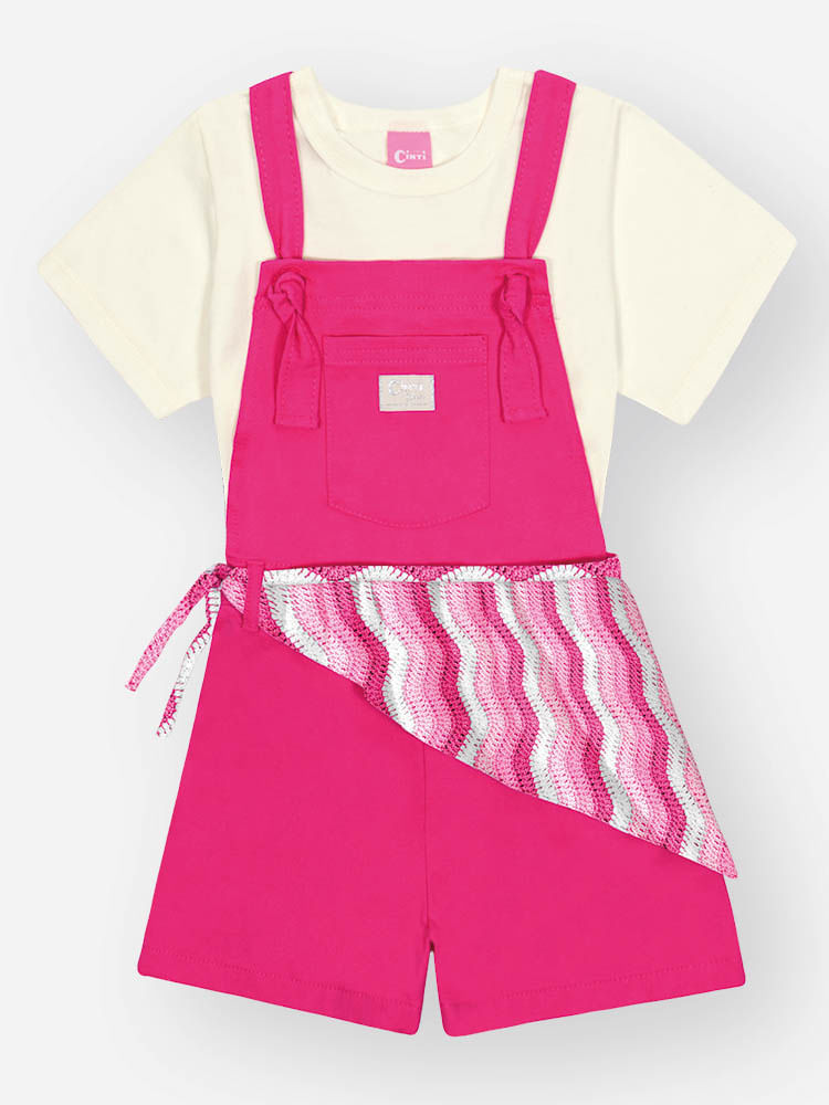 Conjunto de Jardineira Infantil Menina Listrado Rosa Mundo Cinti