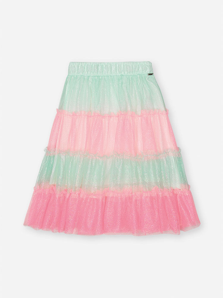 Saia Midi Infantil Neon Love em Meia Malha e Tule Foil – Saia Menina Verão Colorida com Brilho RS BARBIE/VD BRISA