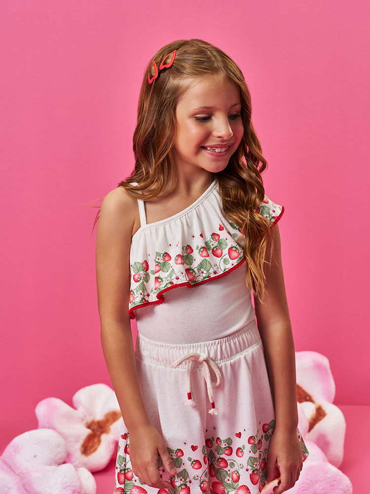Conjunto Infantil com Blusa Boxy de Um Ombro Só e Shorts em Cotton Linho – Look Menina Verão Off Whi OFF WHITE