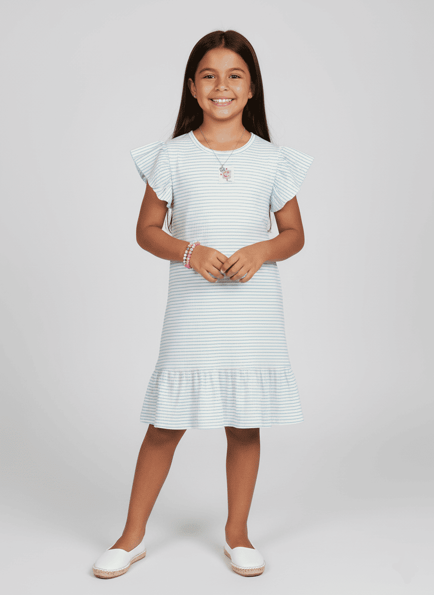 Vestido Infantil com Babados Listrado Azul Abrange