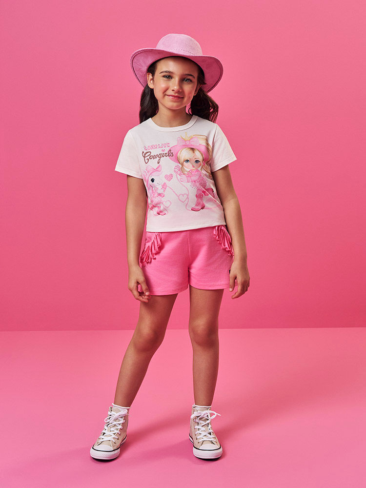 Conjunto Infantil com Blusa Boxy de Princesa Boiadeira e Shorts em Moletinho – Look Menina Verão NATURAL/RS CONFETE