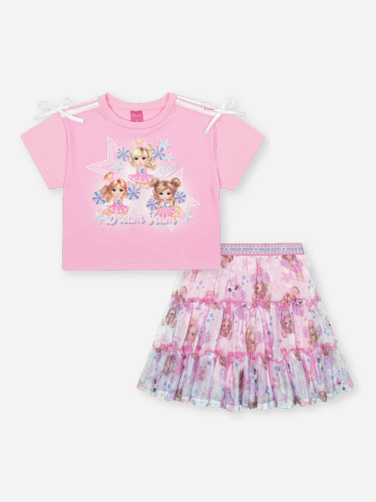Conjunto Infantil Cheerleader com Saia em Tela e Ciclista – Conjunto Menina Fashion Cinti ROSA IOGURTE