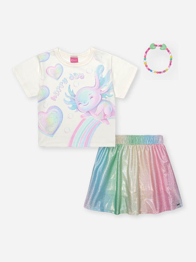 Conjunto Infantil com Blusa Boxy Estampa Sara Salamandra e Saia Shorts em Malha Foil – Look Menina V NATURAL/RS IOGURTE