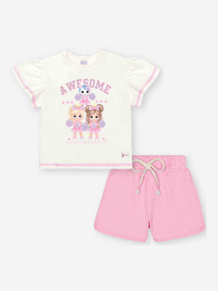 Conjunto Infantil Princeas Cinti de Blusa em Meia Malha com Shorts em Moletinho e Strass NATURAL/RS IOGURTE