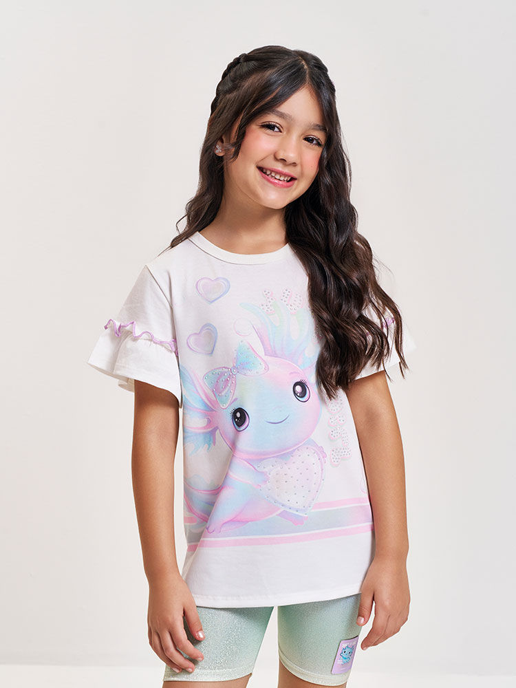 Conjunto Infantil com Blusa Estampa Sara Salamandra e Ciclista em Malha Foil – Look Menina Verão com NATURAL/RS IOGURTE