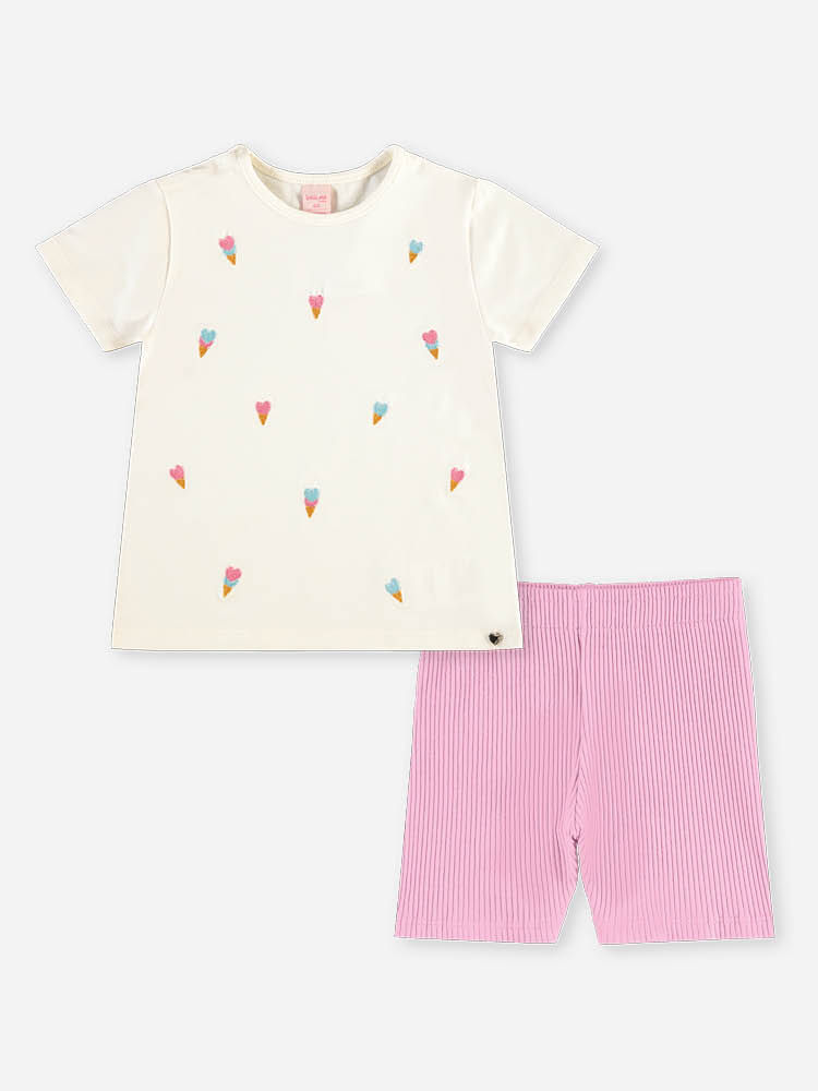 Conjunto Bebê Blusa Bordada Sorvetes e Ciclista Rosa Canelada