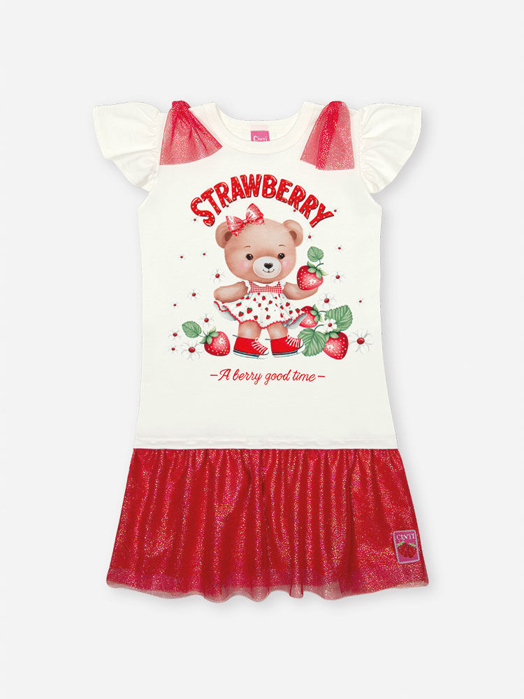 Vestido Infantil em Meia Malha com Tule Foil – Vestido Menina Verão com Estampa de Morango e Strass NATURAL/VM MARTE