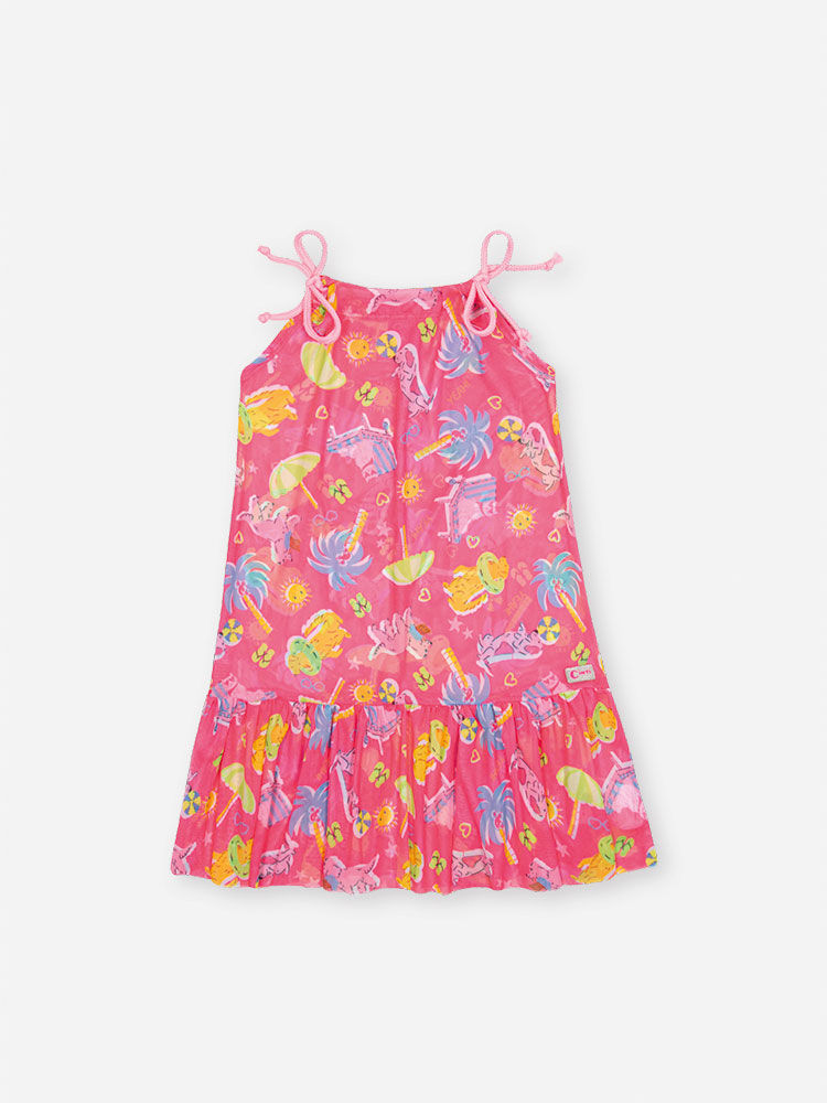 Vestido Saída de Praia Infantil em Tule com Estampas Divertidas ROSA NEON FORTE