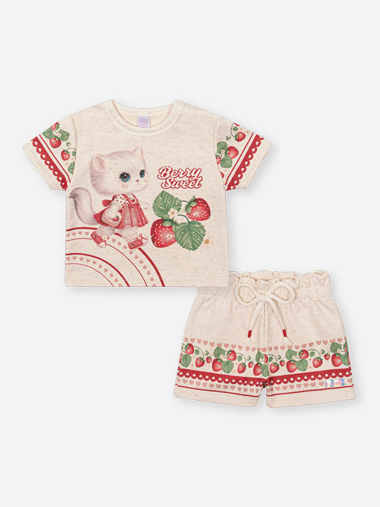 Conjunto Bebê Menina Berry Sweet em Moletom Linho – Blusa e Shorts Infantil com Estampa de Gatinha e OFF WHITE