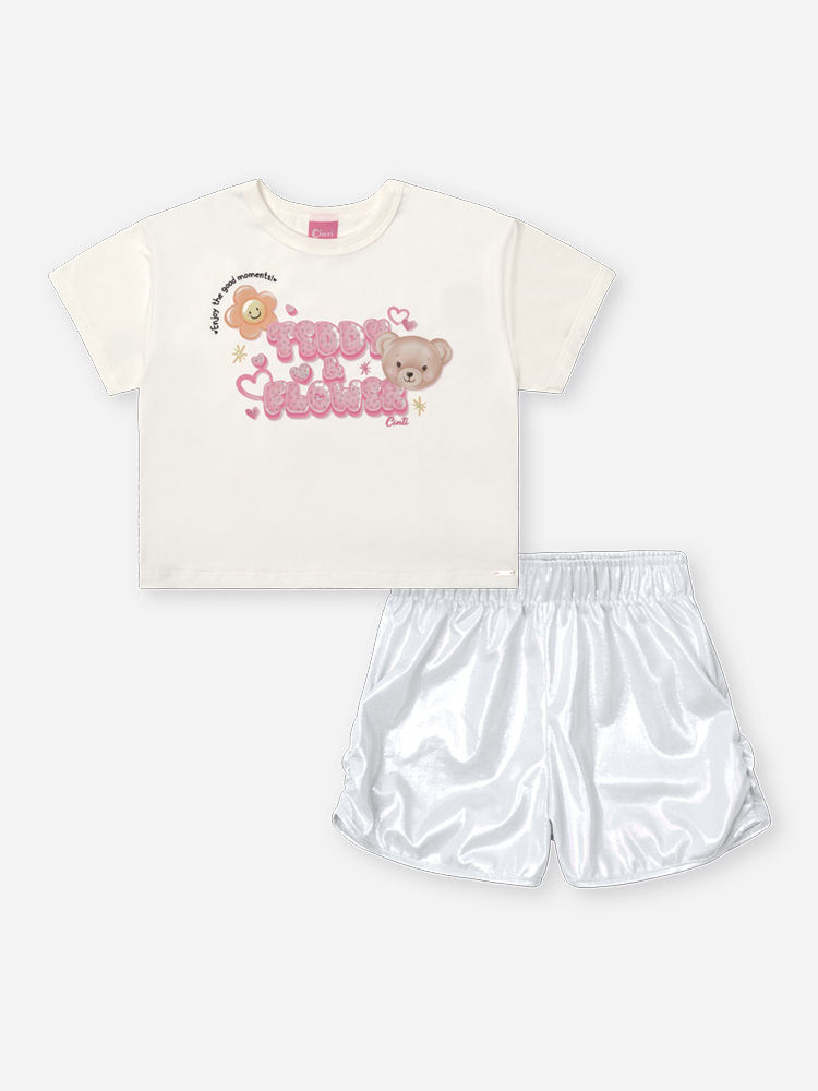 Conjunto Infantil Blusa Ursinho e Shorts Metalizado Branco