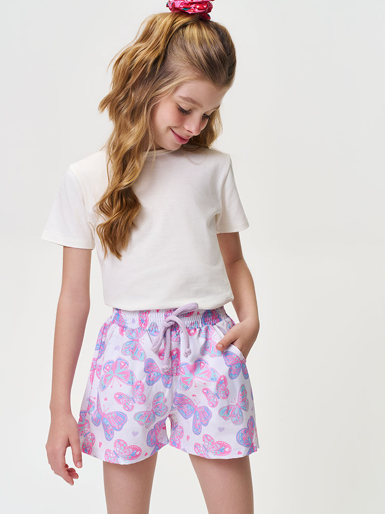 Short Infantil Menina em Nylon de Borboletas com Cordão