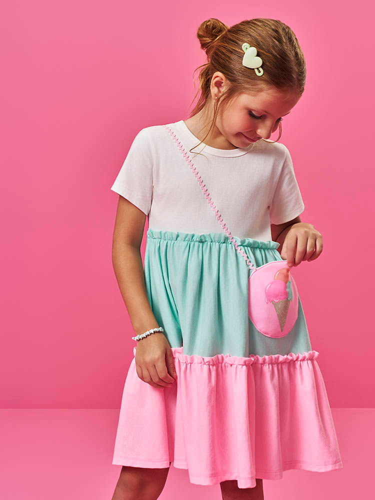 Vestido Infantil em Meia Malha Neon Love – Vestido Menina Verão com Bolsa de Sorvete NATURAL/VD BRISA/RS BARBIE