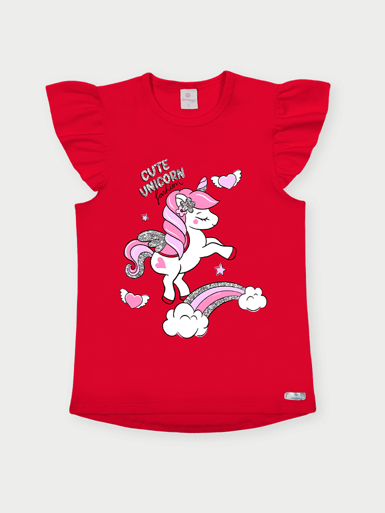 Conjunto Infantil Menina Unicórnio Listrado Vermelho Abrange