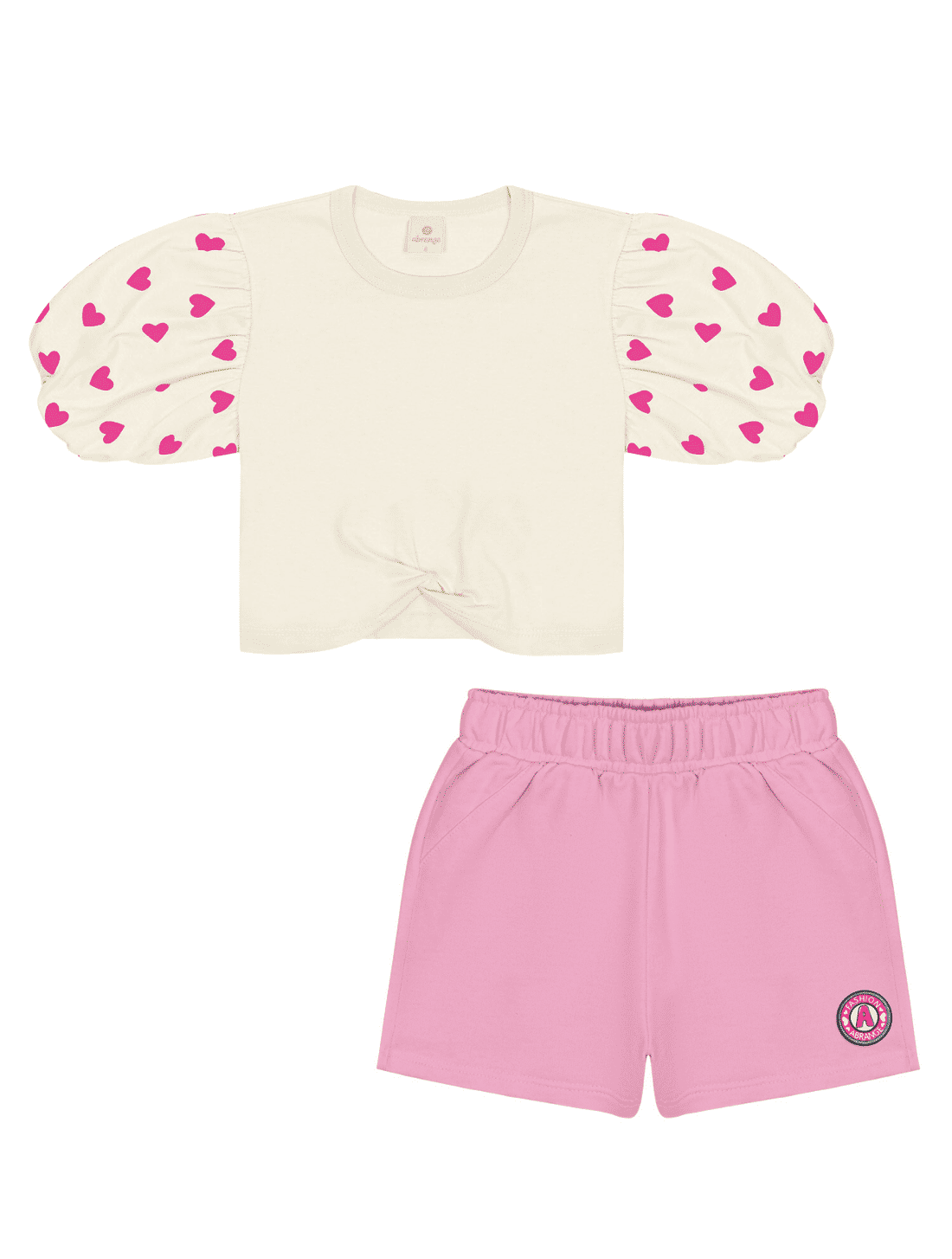 Conjunto Blusa Cropped Manga Bufante E Short Natural E Rosa Abrange Conjunto Blusa Cropped Manga Bufante E Short Natural E Rosa Abrange