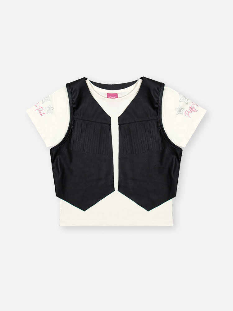Conjunto Infantil Look Boiadeira com Blusa em Cotton e Shorts com Colete em PU – Look Menina Verão NATURAL/PRETO/PRETO