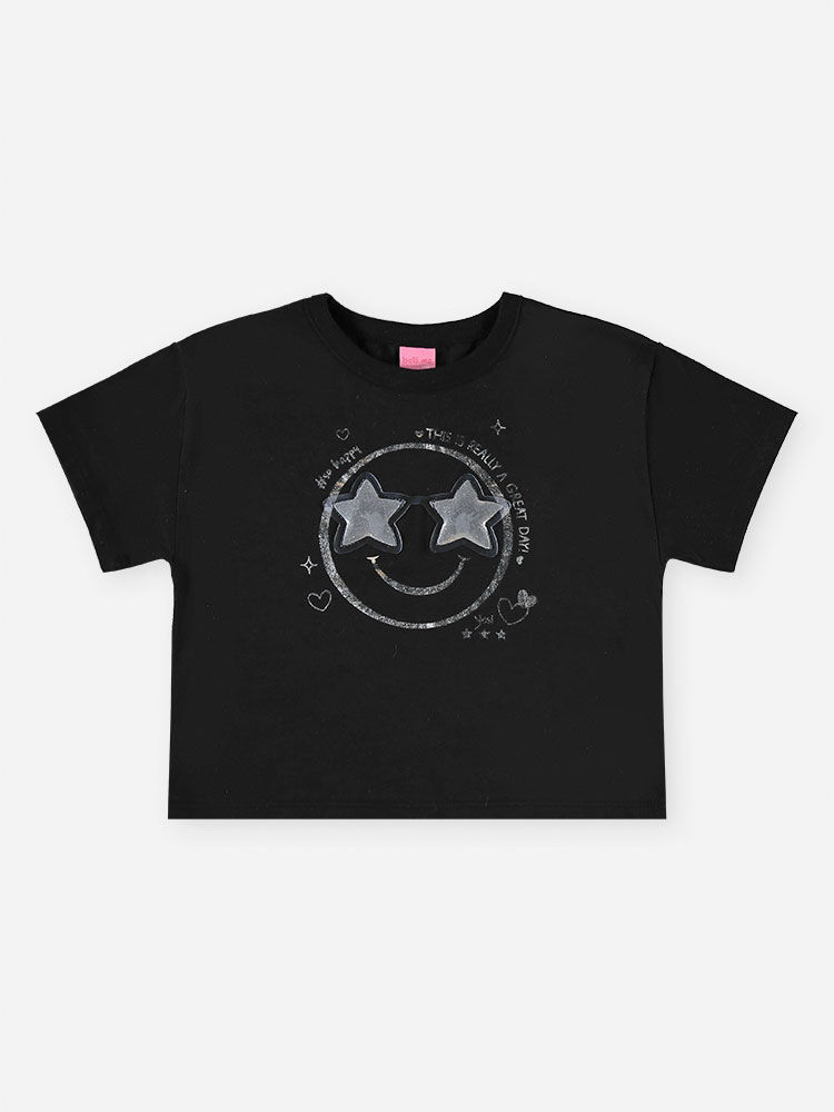 Conjunto Infantil Menina Blusa Boxy Smile e Short de Paetê