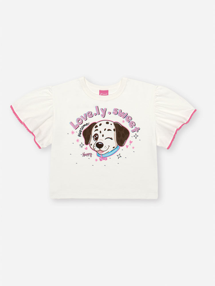 Conjunto Infantil com Blusa e Shorts Saia em Molecotton Light – Look Menina Verão com Cachorrinho NATURAL/RS CONFETE