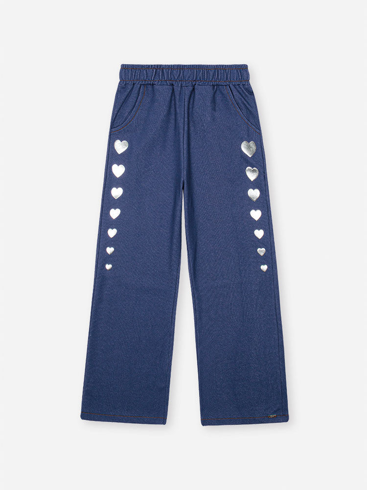 Calça Infantil em Molecotton Denim com Foil de Corações – Calça Menina Verão com Elastano AZUL MARINHO
