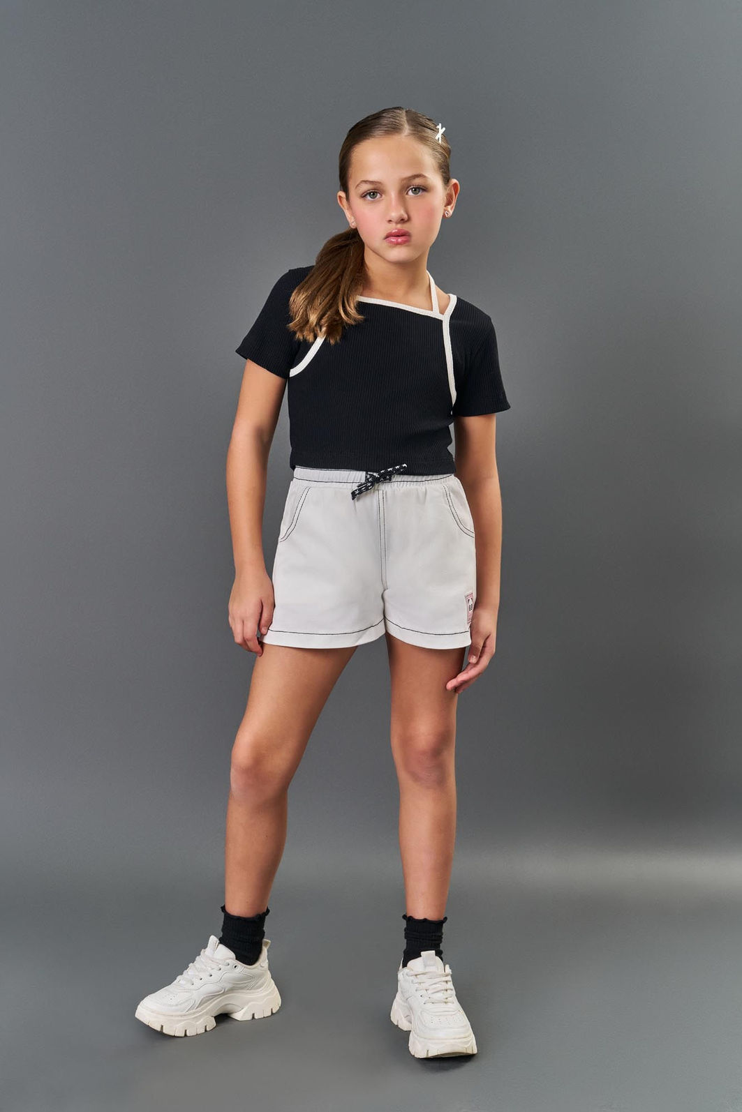 Conjunto Infantil Menina Blusa Cropped + Short Sarja Preto CTV