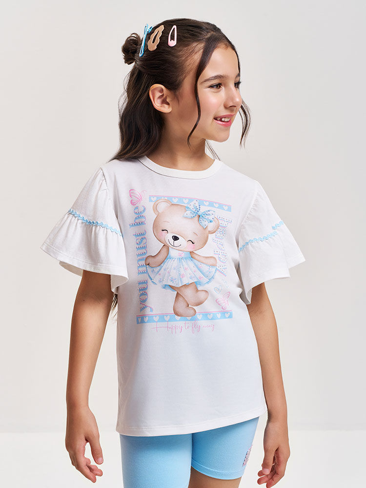 Conjunto Infantil com Blusa 100% Algodão e Ciclista em Cotton – Look Menina Verão com Strass NATURAL/AZ PORCELANA