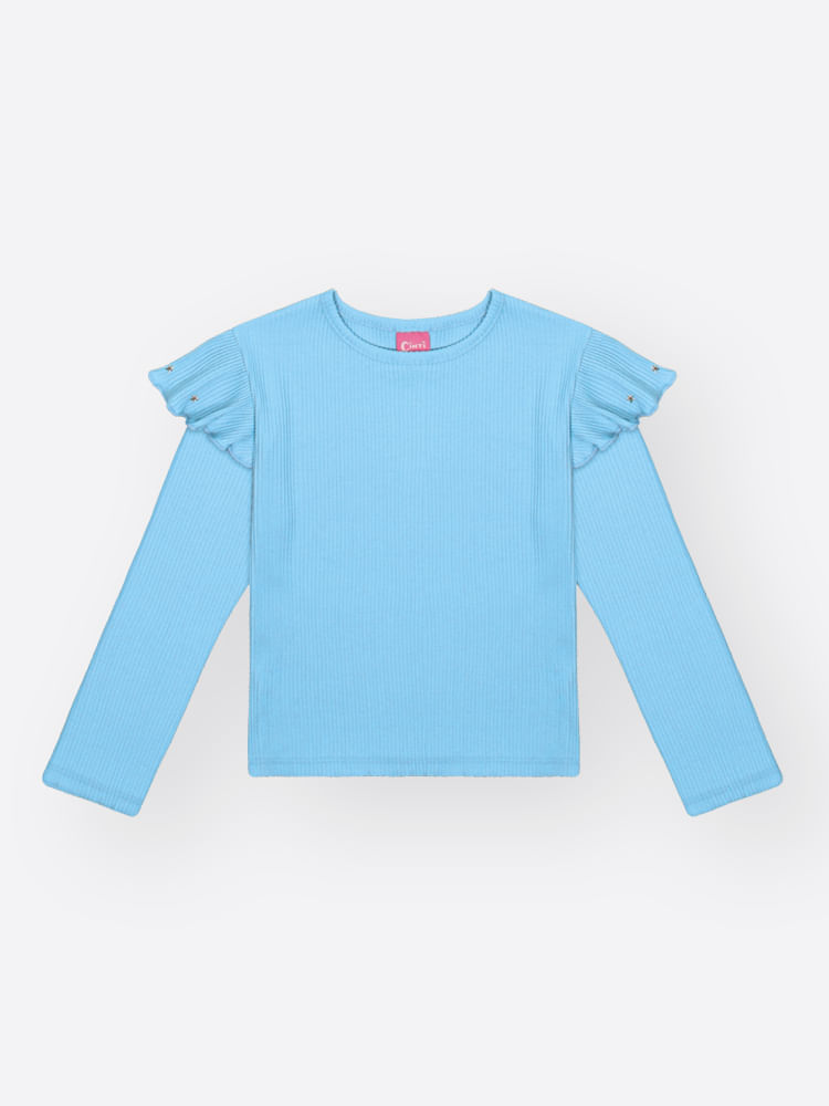 Blusa Menina em Canelado Glow Babados Mundo Cinti AZUL PORCELANA