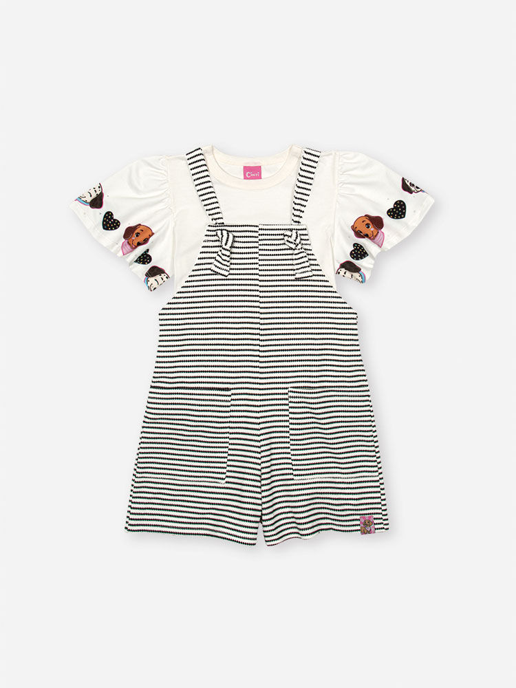 Conjunto Infantil com Blusa Cachorrinhos e Jardineira Listrada – Look Menina Verão com Strass NATURAL/PRETO