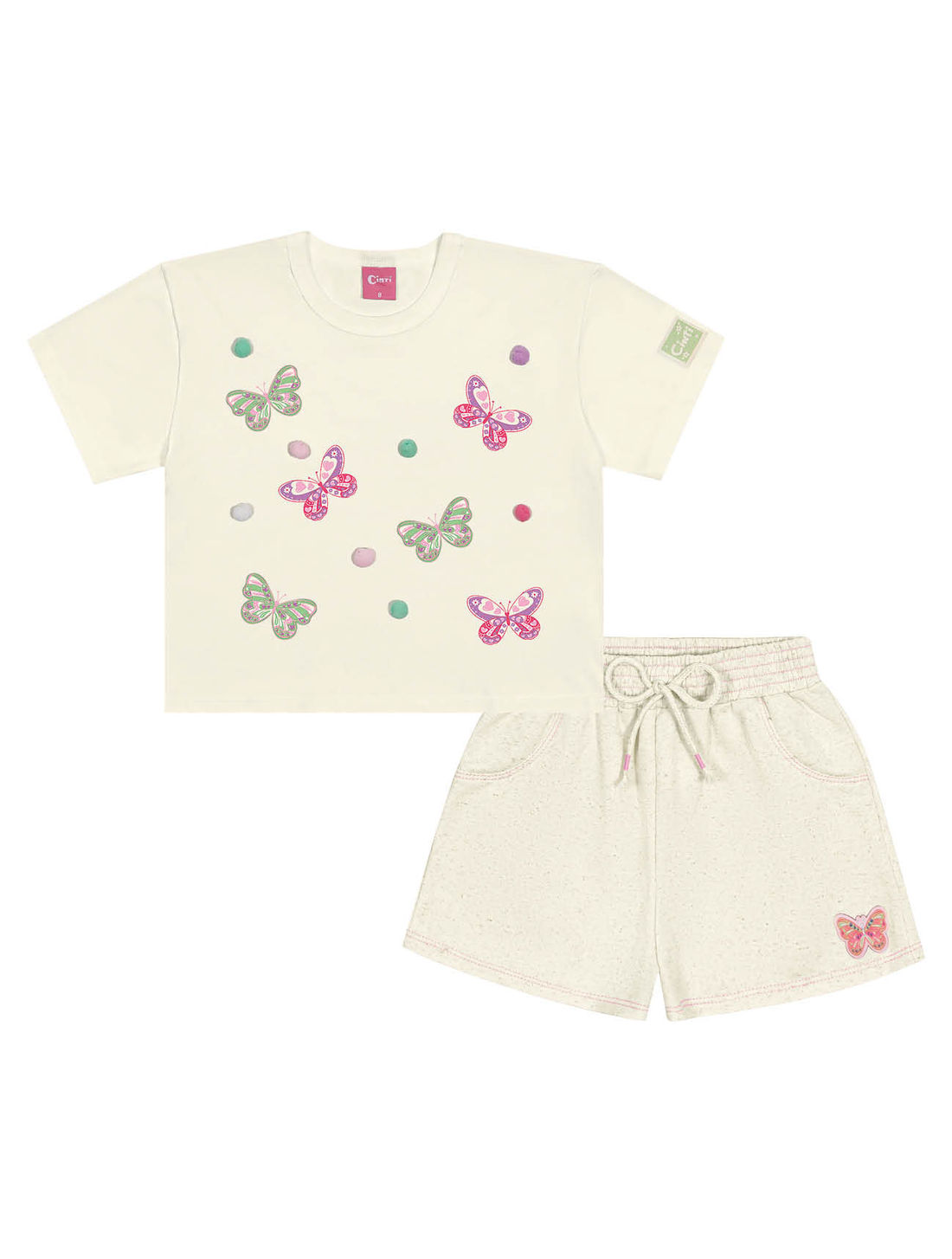 Conjunto Infantil Menina Blusa Boxy E Short  Borboletas E Pompom Natural Cinti