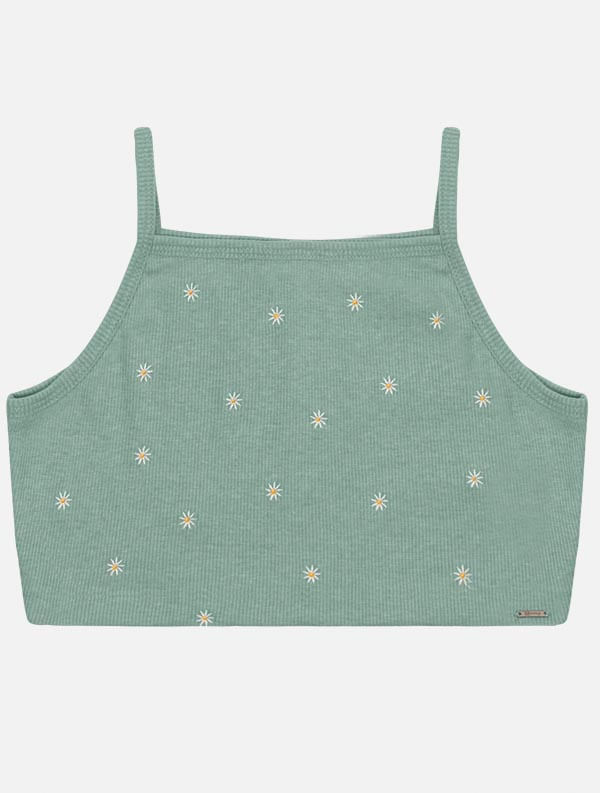 Top Teen Feminino Bordado Margaridas Verde Dway