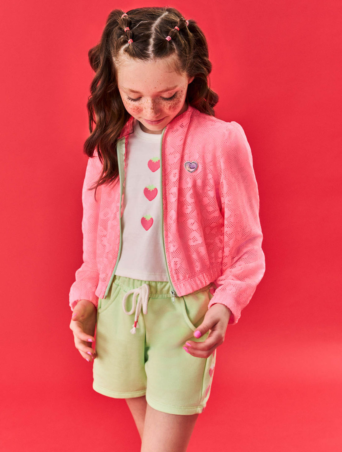 Conjunto Infantil Menina Blusa; Short E Corta Vento Strawberry Natural; Rosa E Verde Cinti