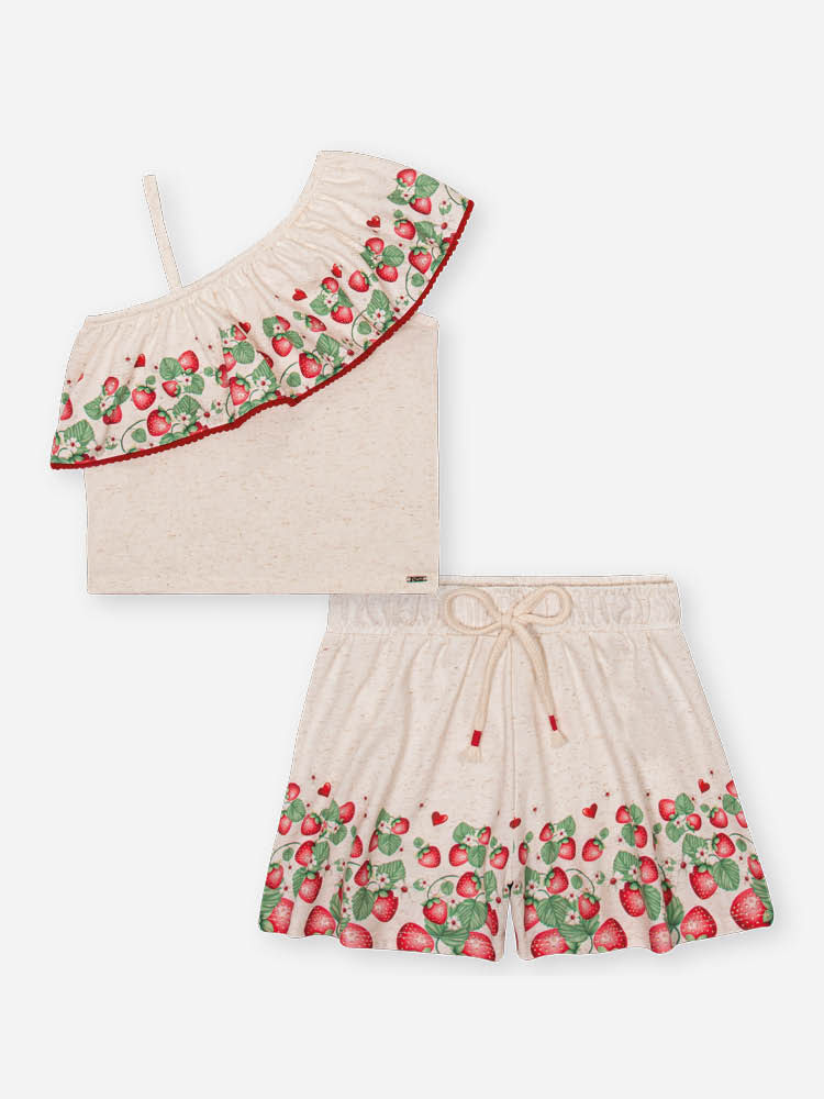 Conjunto Infantil com Blusa Boxy de Um Ombro Só e Shorts em Cotton Linho – Look Menina Verão Off Whi OFF WHITE