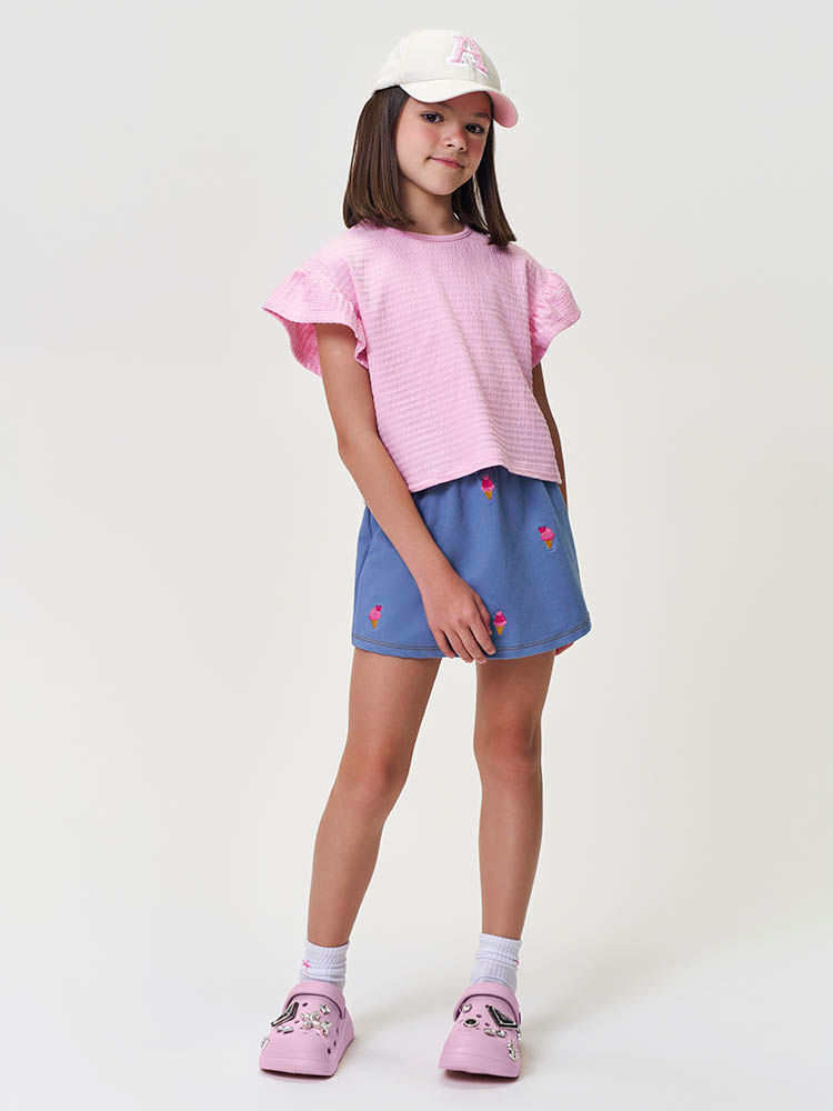 Conjunto Infantil Blusa Lastex e Short-Saia Sorvetes Bordado