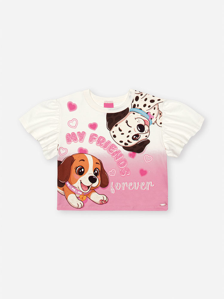 Blusa Infantil em Meia Malha com Estampa de Cachorrinhos – Camiseta Menina Verão com Strass NATURAL