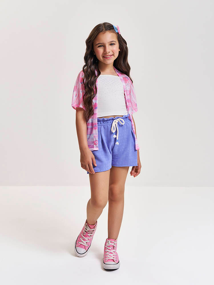 Conjunto Infantil com Regata Cropped em Cotton e Shorts com Kimono em Tule – Look Menina Verão com S NATURAL/AZ PROVENCE