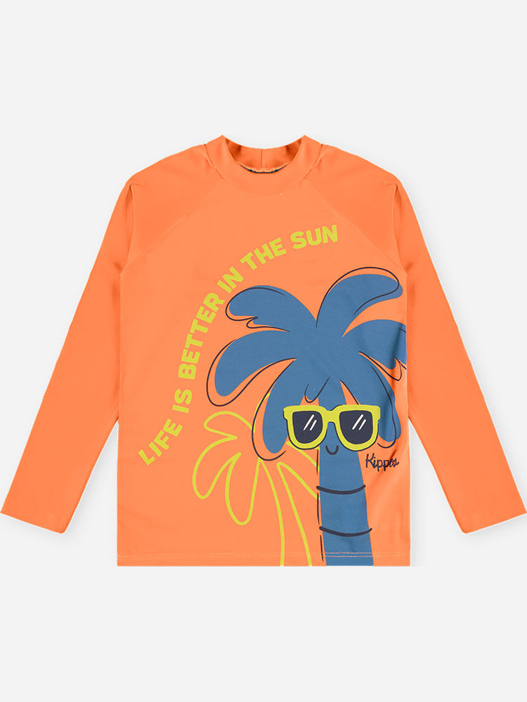 Conjunto Menino em Malha UV Camiseta e Sunga Palmas Laranja Neon