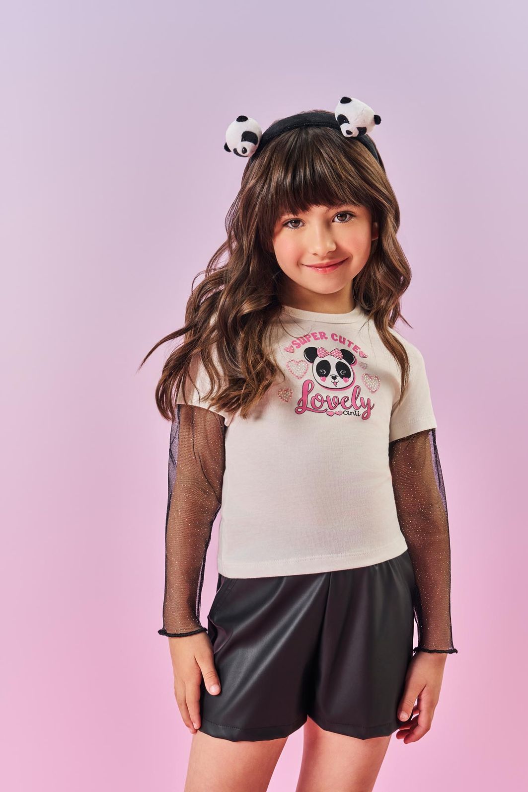 Conjunto Infantil Menina Blusa Panda E Short Courino Preto Mundo Cinti