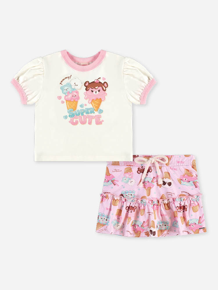 Conjunto Bebê Blusa Super Cute e Saia-Short de Sorvetes