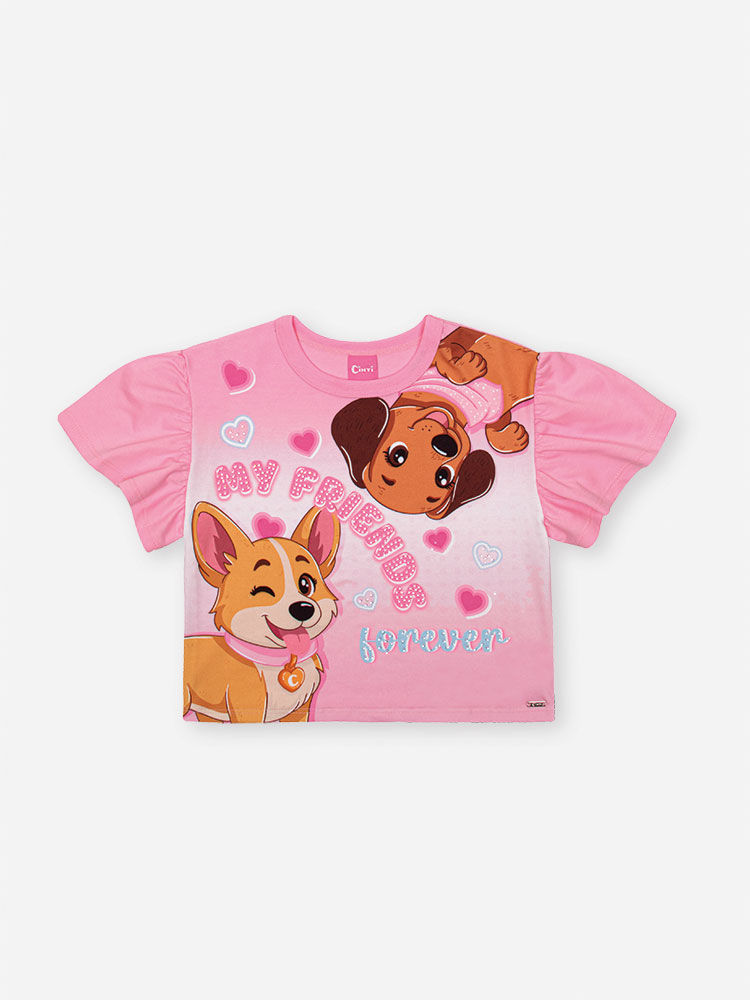 Blusa Infantil em Meia Malha com Estampa de Cachorrinhos – Camiseta Menina Verão com Strass ROSA IOGURTE