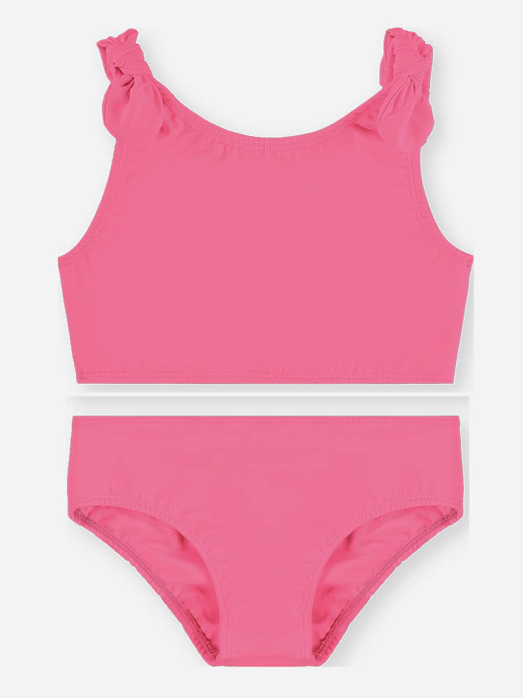 Biquíni Infantil Menina Liso com Babados em Malha UV Rosa Neon